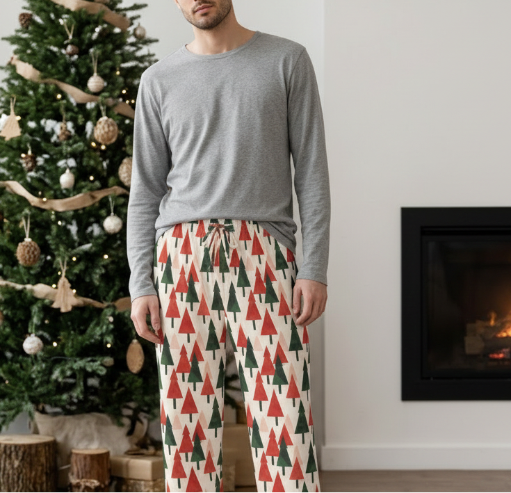 A man stands barefoot in a living room wearing a gray long-sleeve shirt and cream pajama pants with a red and green Christmas tree pattern. A decorated Christmas tree and a lit fireplace are visible in the background.