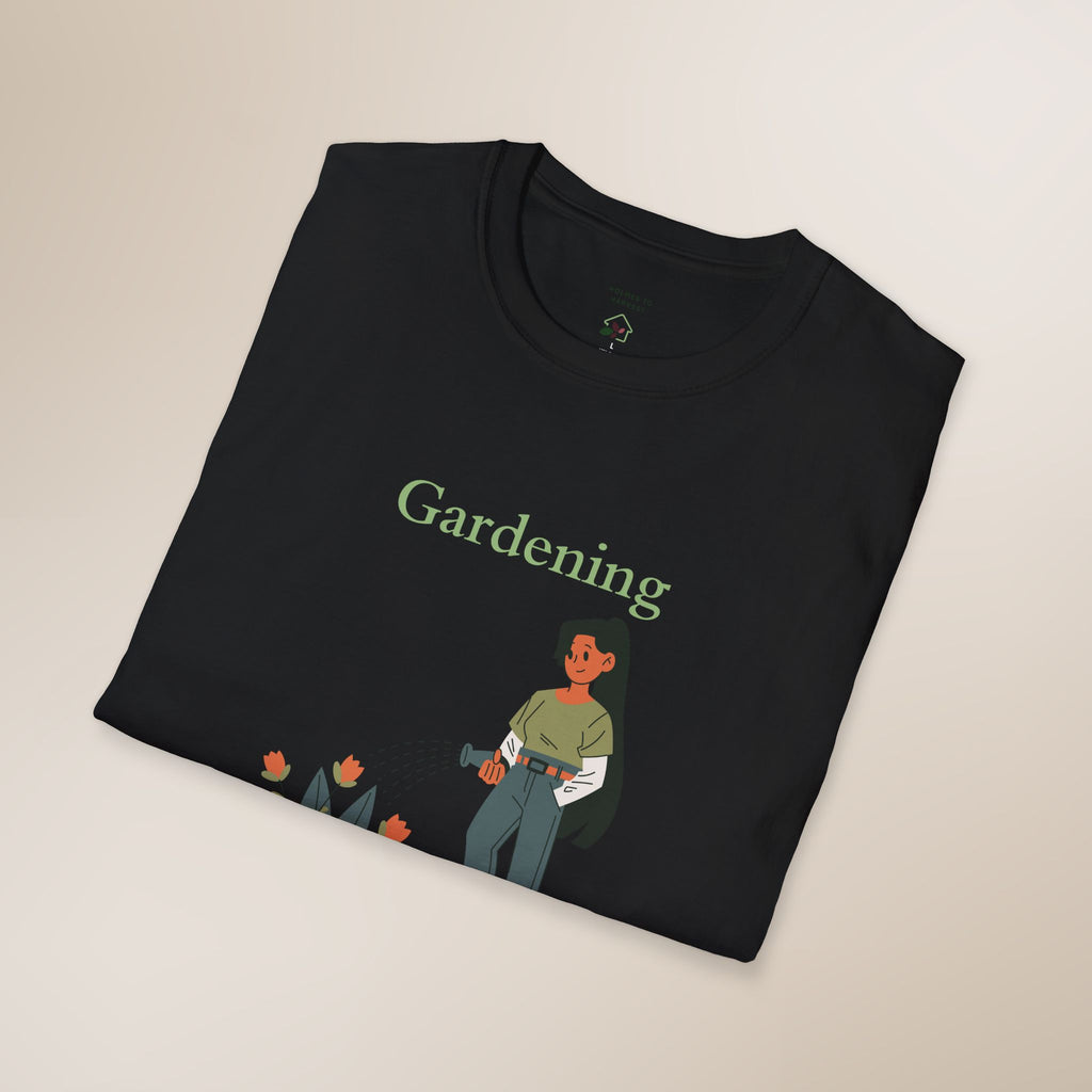 Black t-shirt with 'Gardening' text and gardening-themed design on a beige background