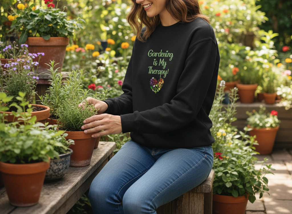 Person wearing a black sweatshirt with 'Gardening is my Therapy' text in a garden setting