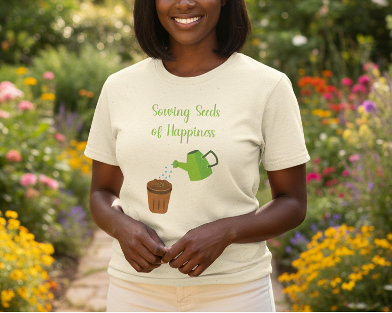 Person wearing a t-shirt with 'Saving Seeds of Happiness' text and graphics in a garden setting