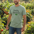 Light green t-shirt with 'Daddy Gardener' text and a leaf graphic on a beige background