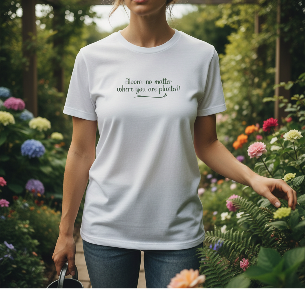 Person wearing a white t-shirt with text in a garden