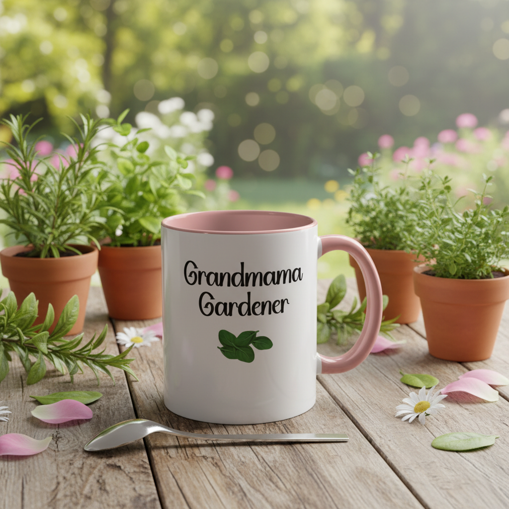 White ceramic accent mug with pink handle and rim, Grandmama Gardener text and clover