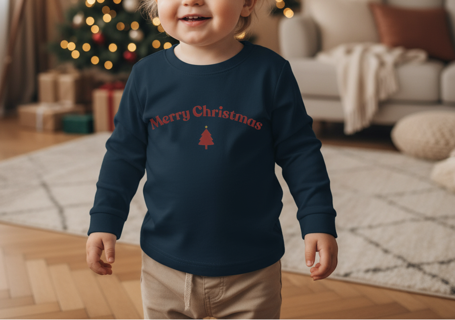Child wearing a navy blue 'Merry Christmas' sweater in a cozy living room.