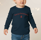 Child wearing a navy blue sweatshirt with 'Merry Christmas' and a tree design on a light background.