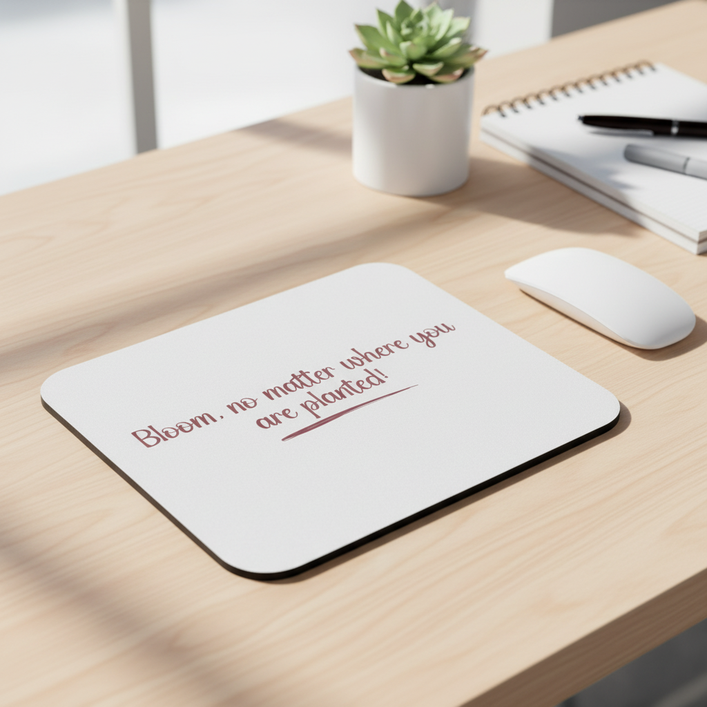 Mouse pad with motivational quote on a desk with a plant and notebook.