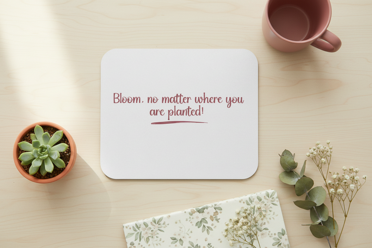 Rectangle mouse pad with rounded corners, white base and red floral quote print
