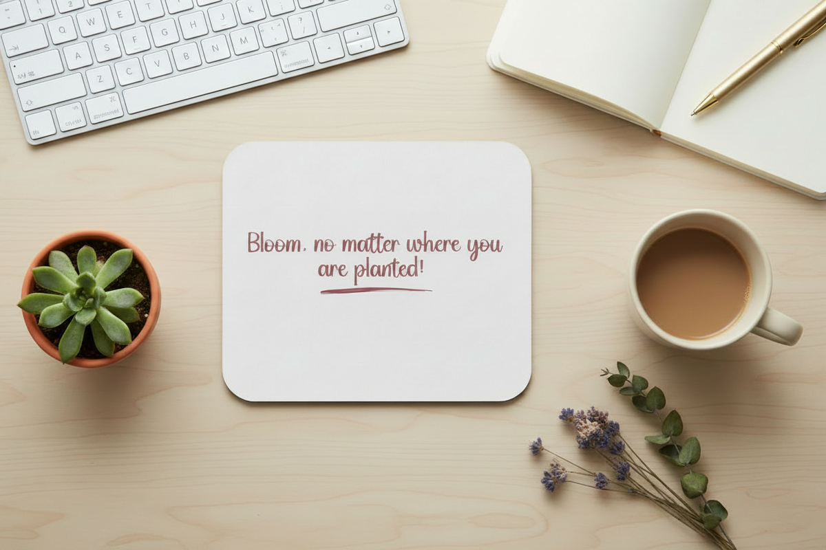 Rectangle mouse pad with rounded corners, white surface and red 'Bloom...' text