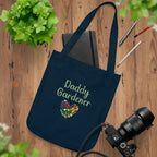 Navy tote bag with 'Daddy Gardener' text and floral design on a white background
