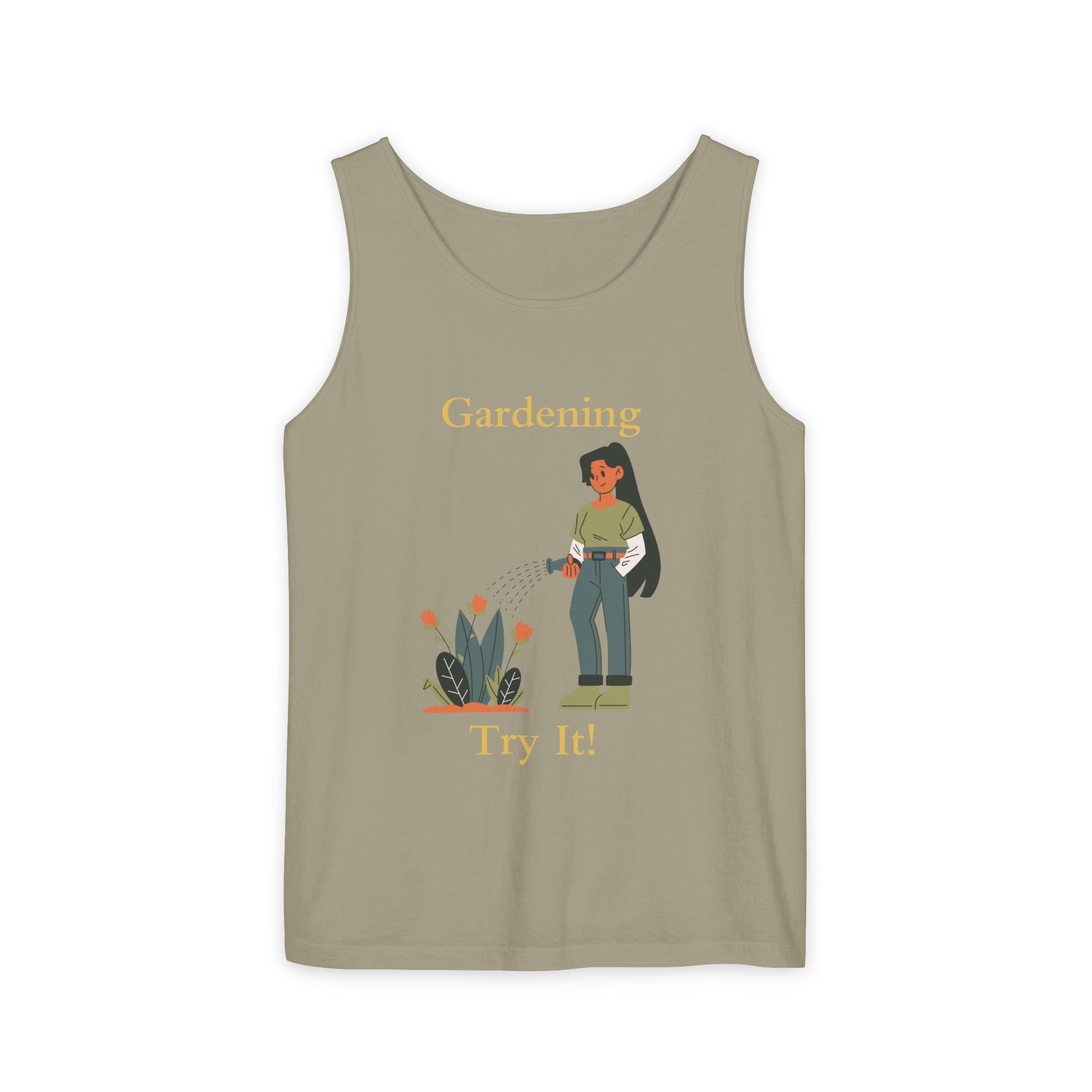 Tank top with a graphic of a person gardening and text on a white background