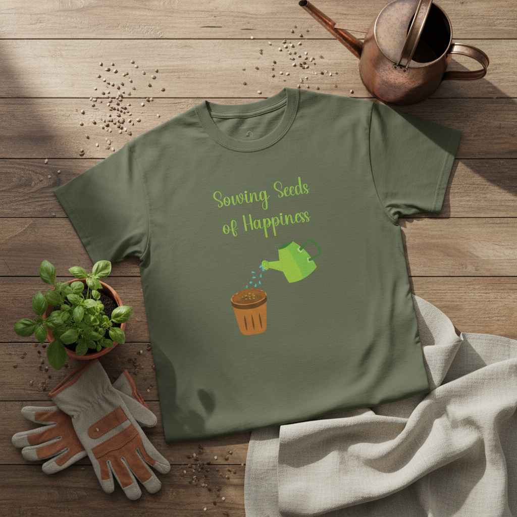 Green t-shirt with gardening-themed design on a wooden surface with gardening tools.