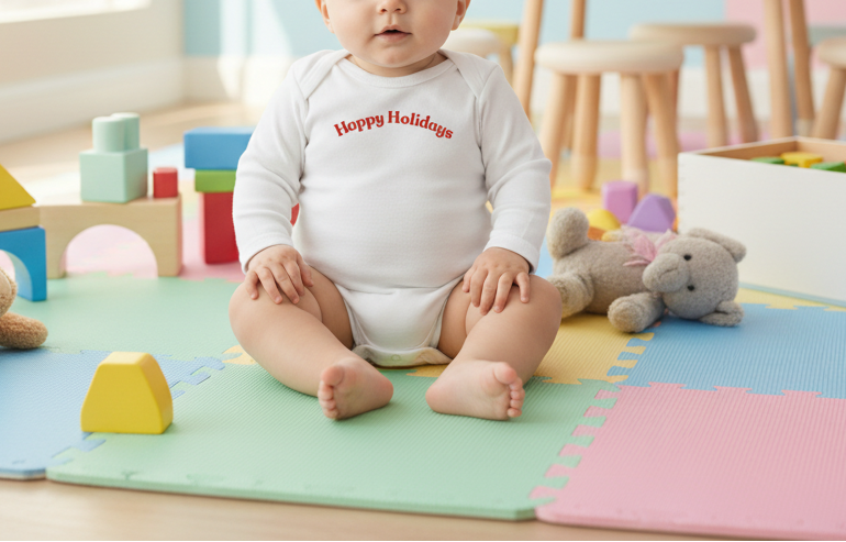 Baby wearing a 'Happy Holidays' onesie sitting on a colorful play mat with toys around.