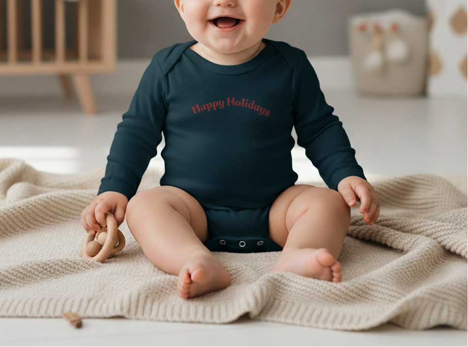 Baby wearing a navy blue onesie with 'Happy Holidays' text, sitting on a beige blanket.