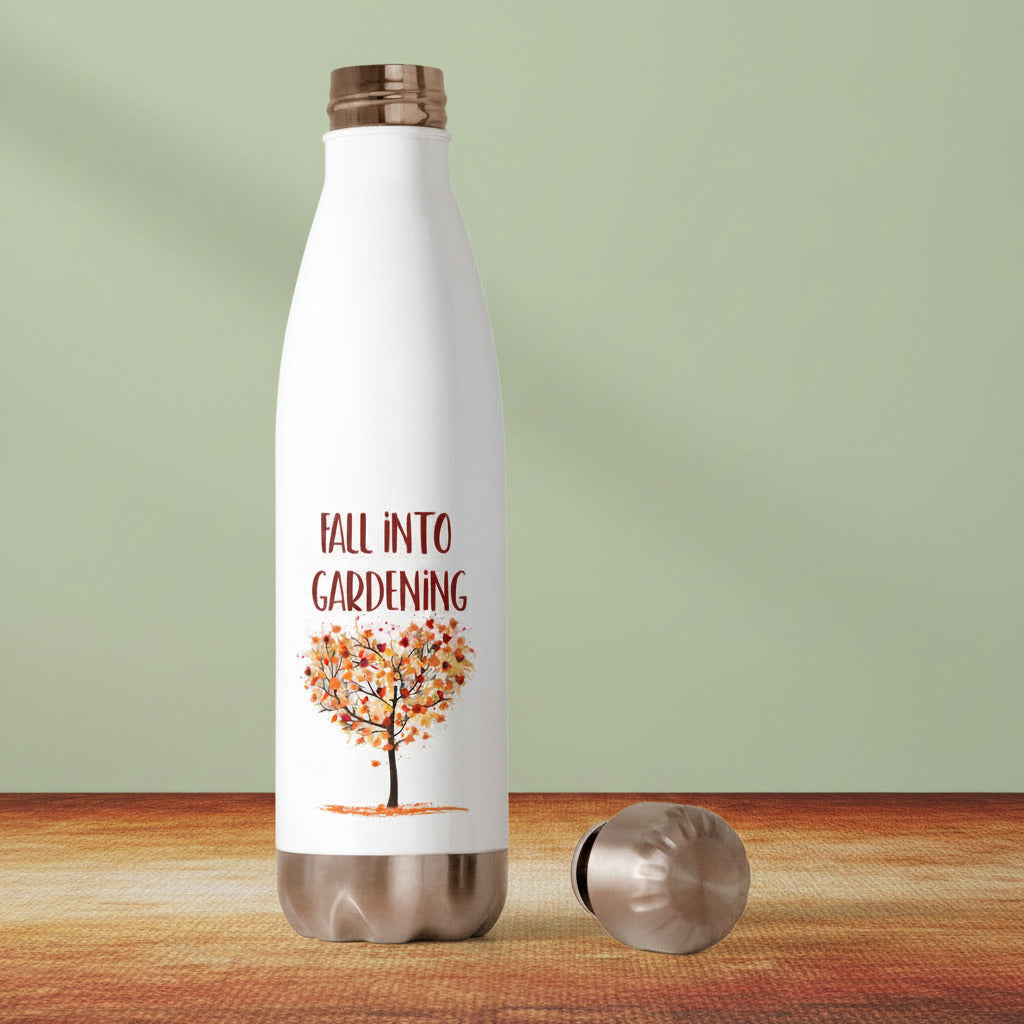 White water bottle with 'Fall into Gardening' text and tree graphic on a white background