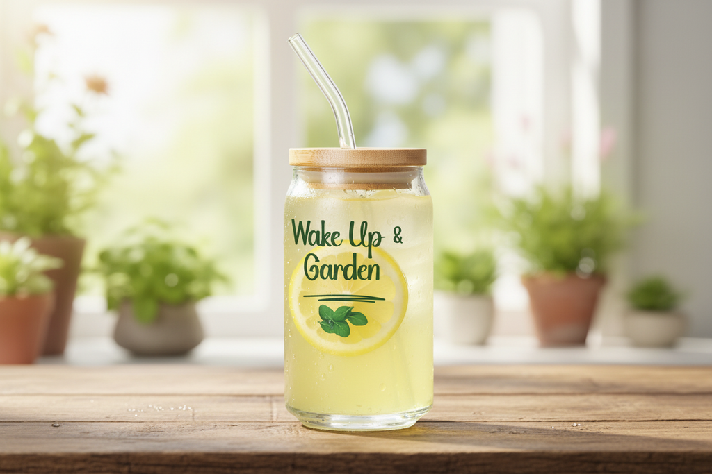 Glass jar with lemonade and straw on a wooden table with plants in the background