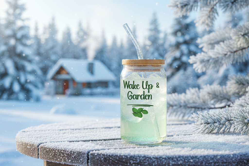Glass jar with a straw labeled 'Wake Up & Garden' on a snowy surface with a winter landscape in the background.