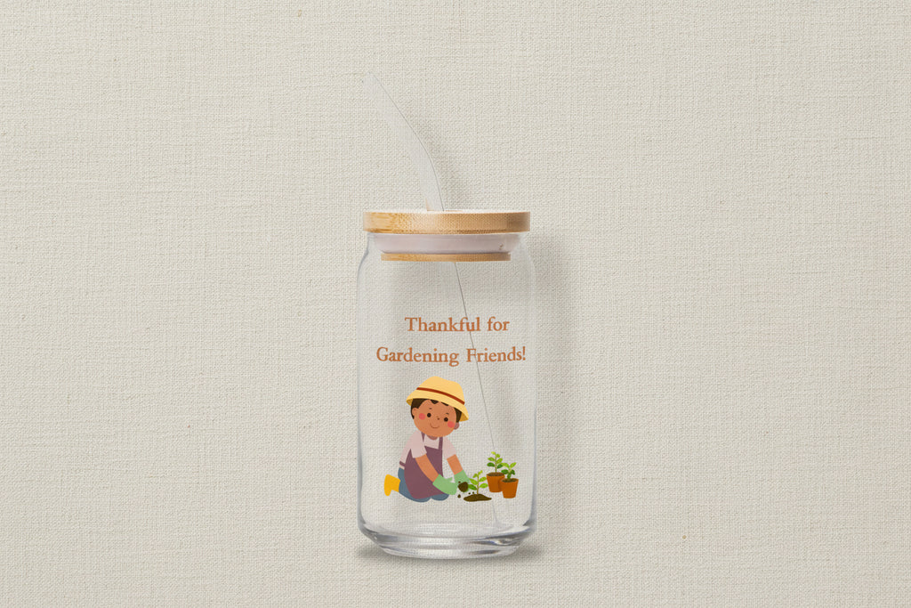 Glass tumbler with a bamboo lid featuring an illustration of a person gardening and text on a white background.