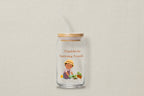 Glass tumbler with a bamboo lid featuring an illustration of a person gardening and text on a white background.