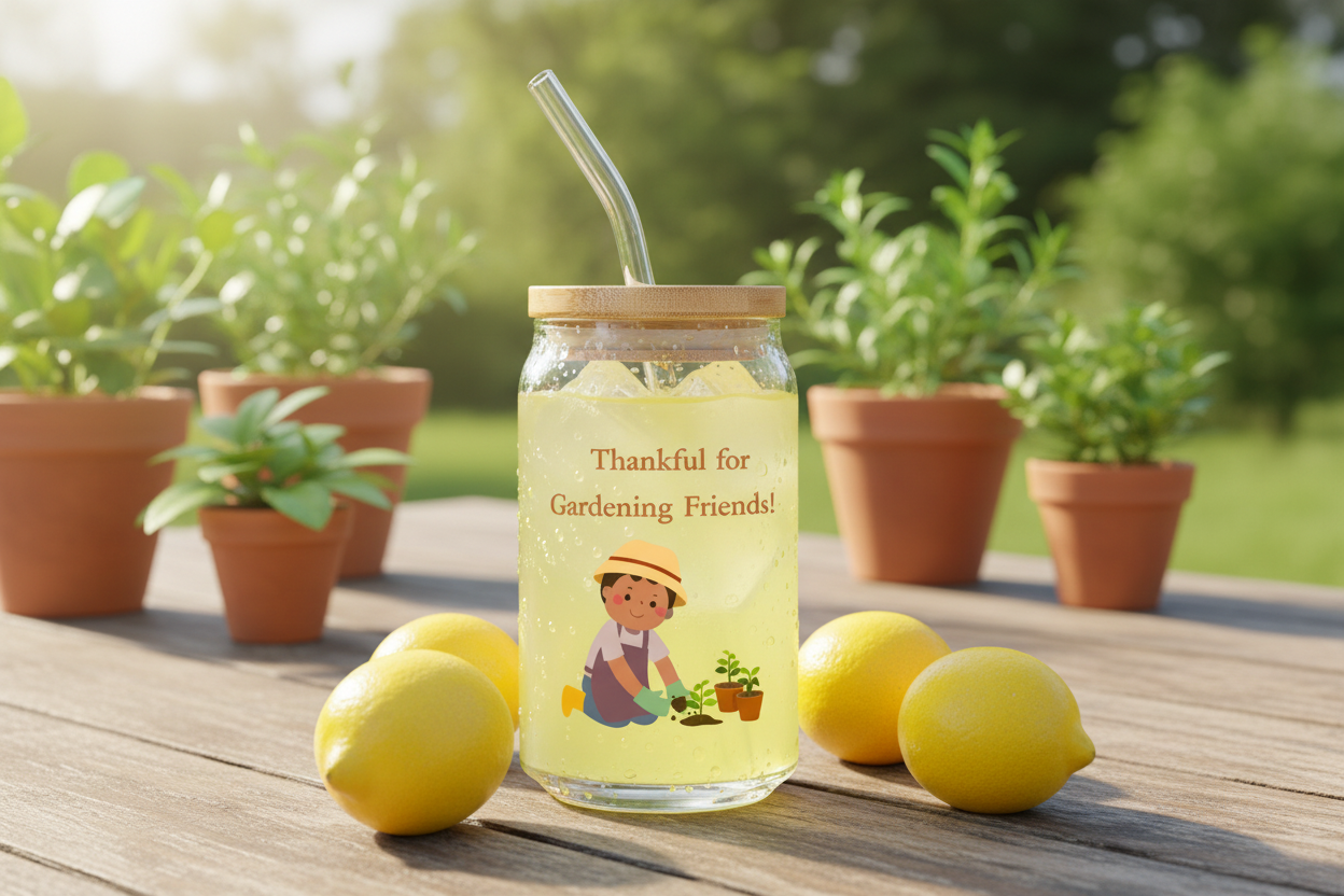 Glass tumbler with straw and 'Thankful for Gardening Friends!' text, surrounded by lemons and potted plants outdoors.