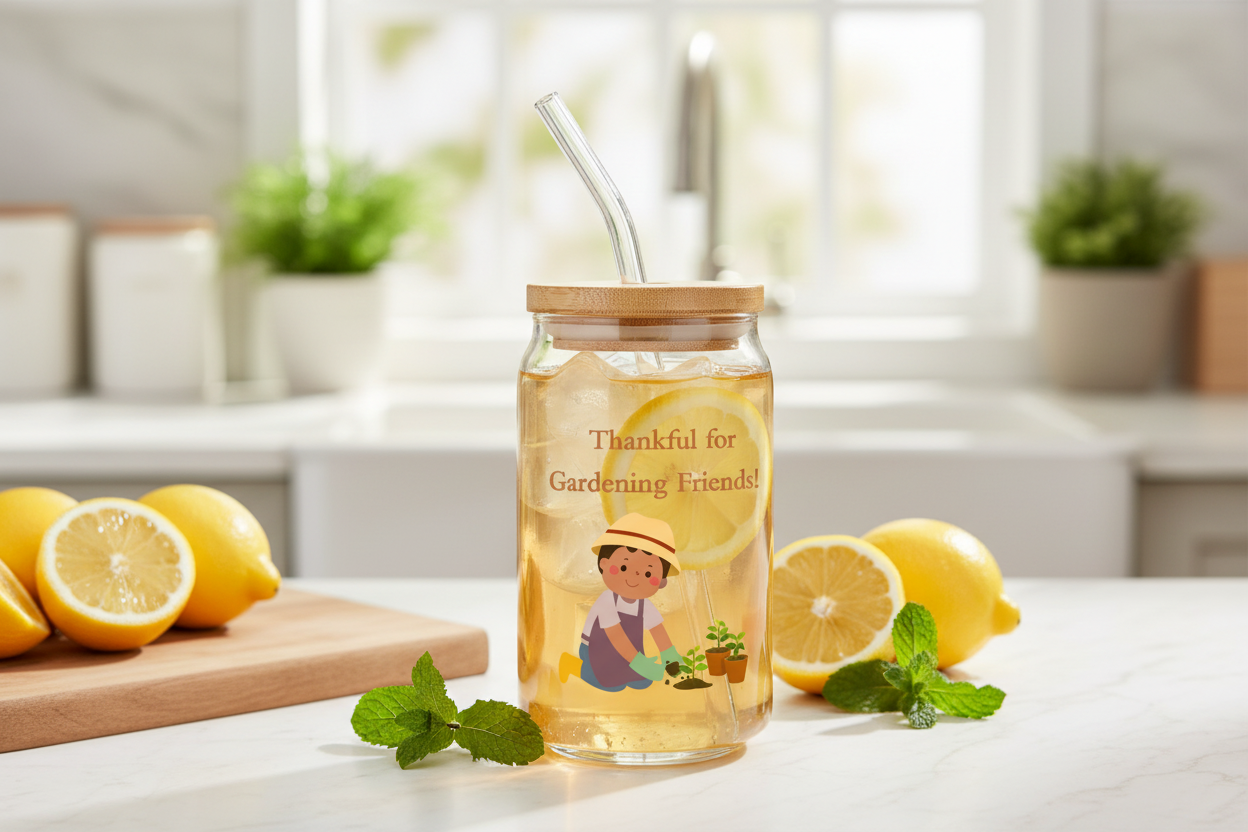 Glass jar with straw on a kitchen counter with lemons and mint leaves