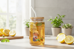 Glass jar with tea and lemon slices on a table with plants in the background