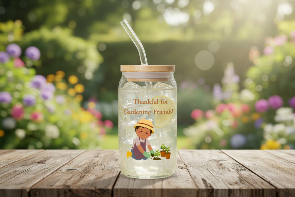 Glass jar with straw and gardening-themed design on a wooden table with a garden background