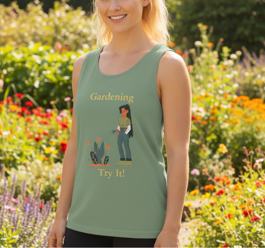 Woman wearing a green tank top with a gardening graphic and text on a white background