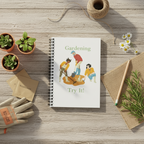 Notebook with gardening illustration on a wooden surface with gardening tools and plants.