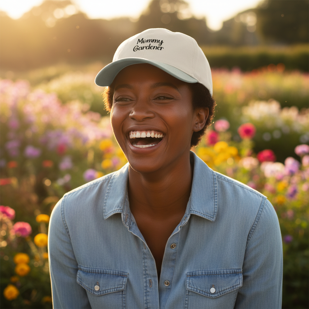Woman wearing a 'Mommy Gardener' cap in a field of flowers