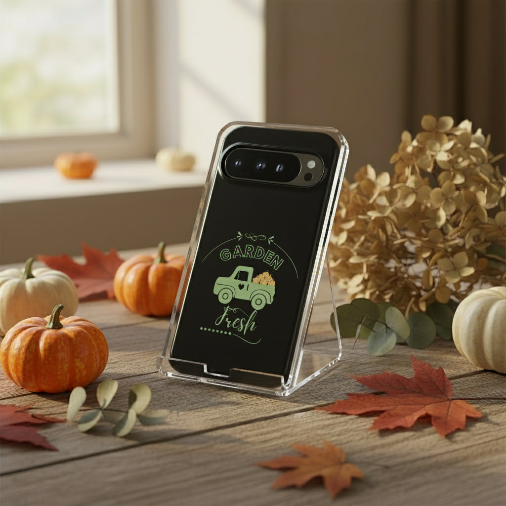 Black phone case with a green truck and 'Garden Fresh' text on a white background
