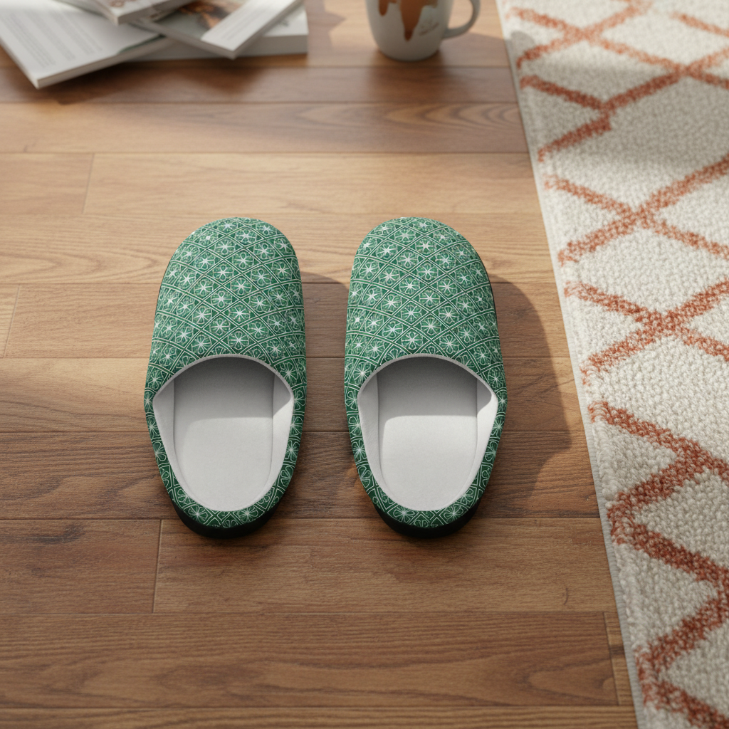 Green slippers on a wooden floor with a patterned rug