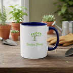 White mug with blue interior and handle, featuring a tree logo and 'Garden Strong' text on a beige background.