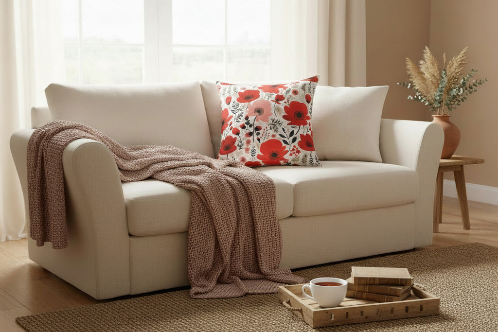 Floral patterned pillow with red and pink flowers on a white background