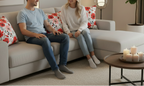 Two people sitting on a couch in a living room with candles on a table.