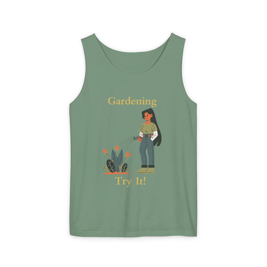 Green tank top with a graphic of a person gardening and text on a white background