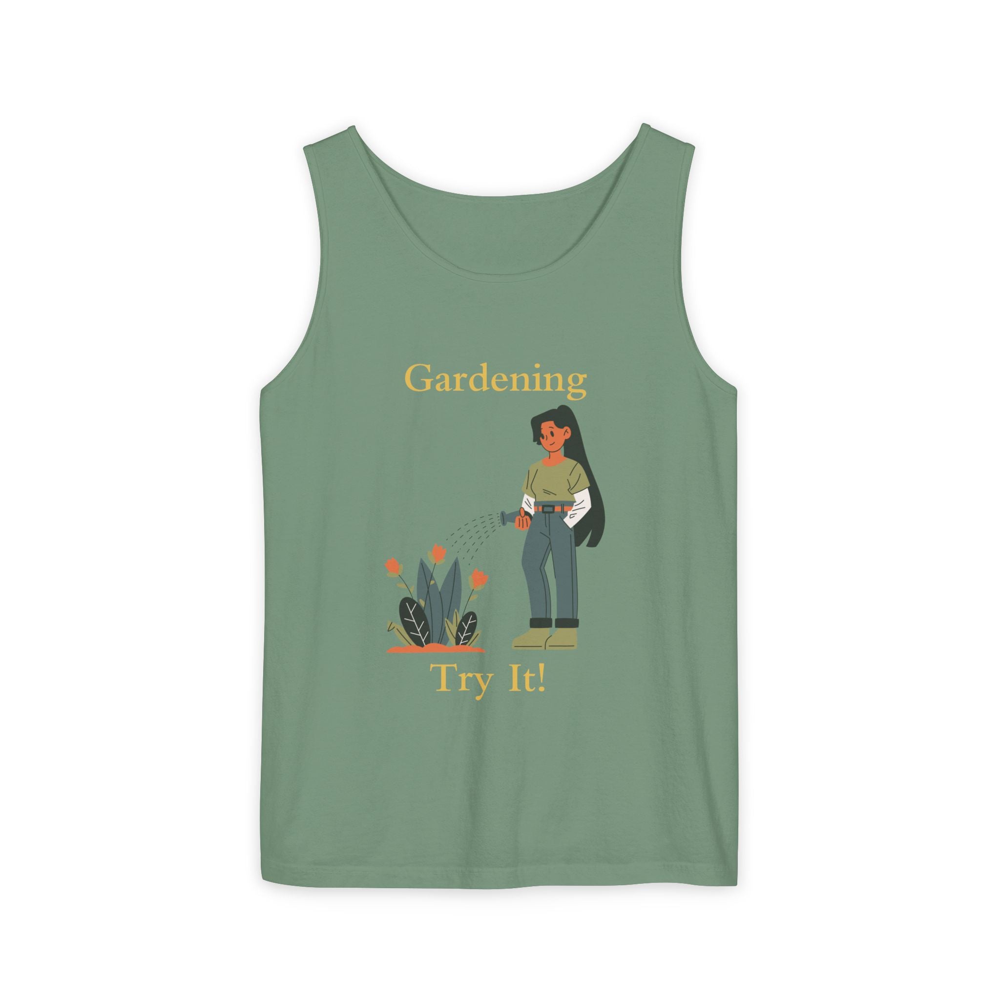 Green tank top with a graphic of a person gardening and text on a white background