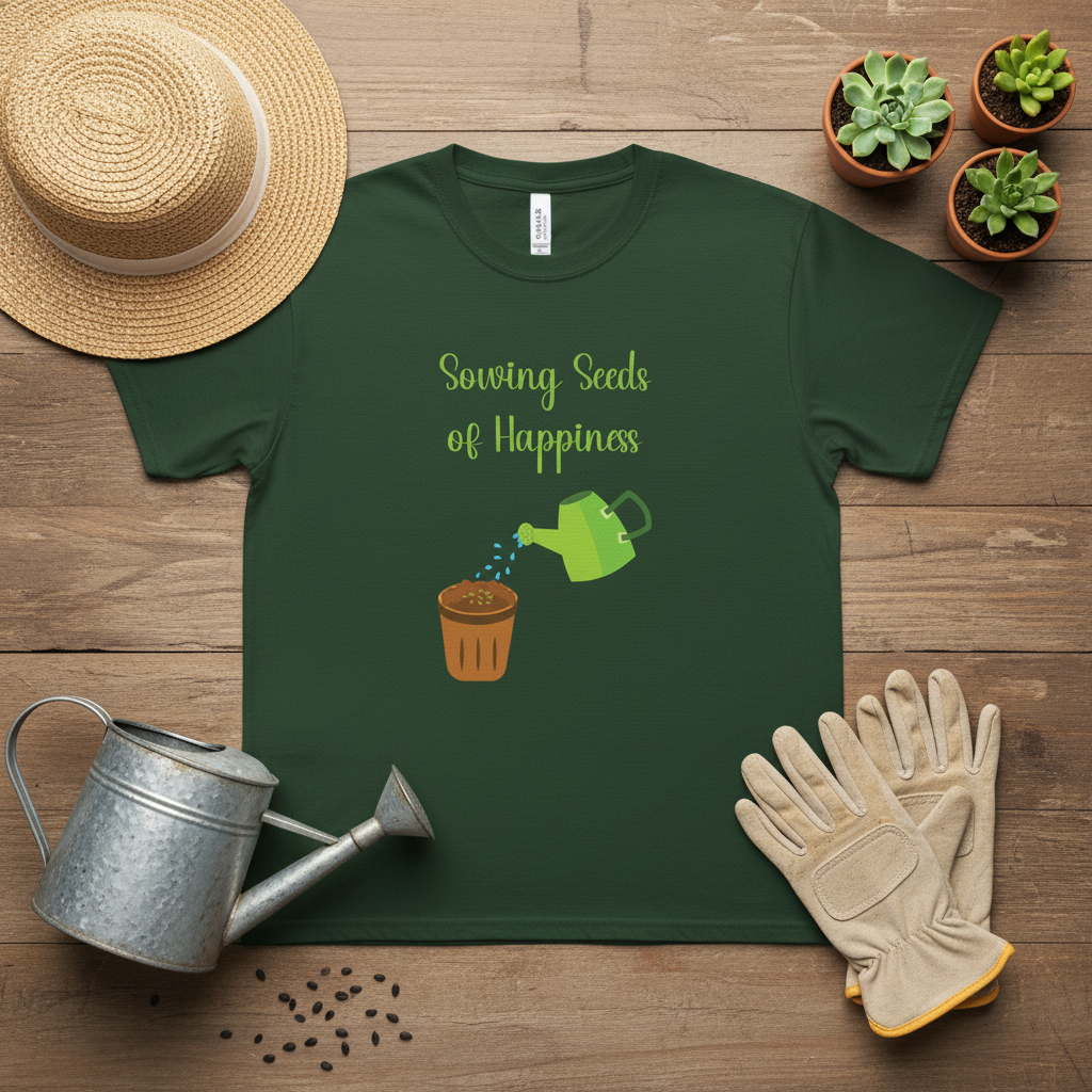 Green t-shirt with 'Sowing Seeds of Happiness' design on a wooden surface with gardening accessories.