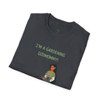 Folded black t-shirt with text and graphic on a white background