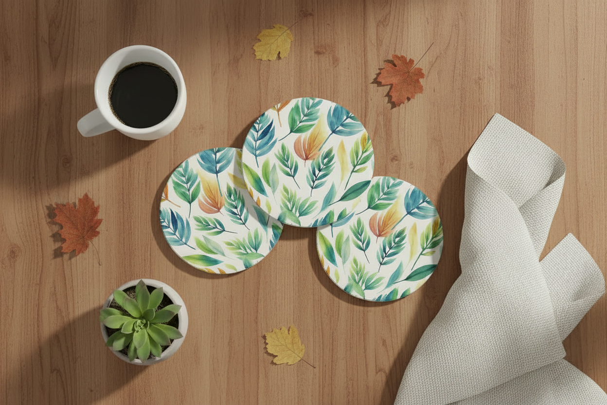 Set of four leaf-patterned coasters on a wooden surface with a cup of coffee and small plant.