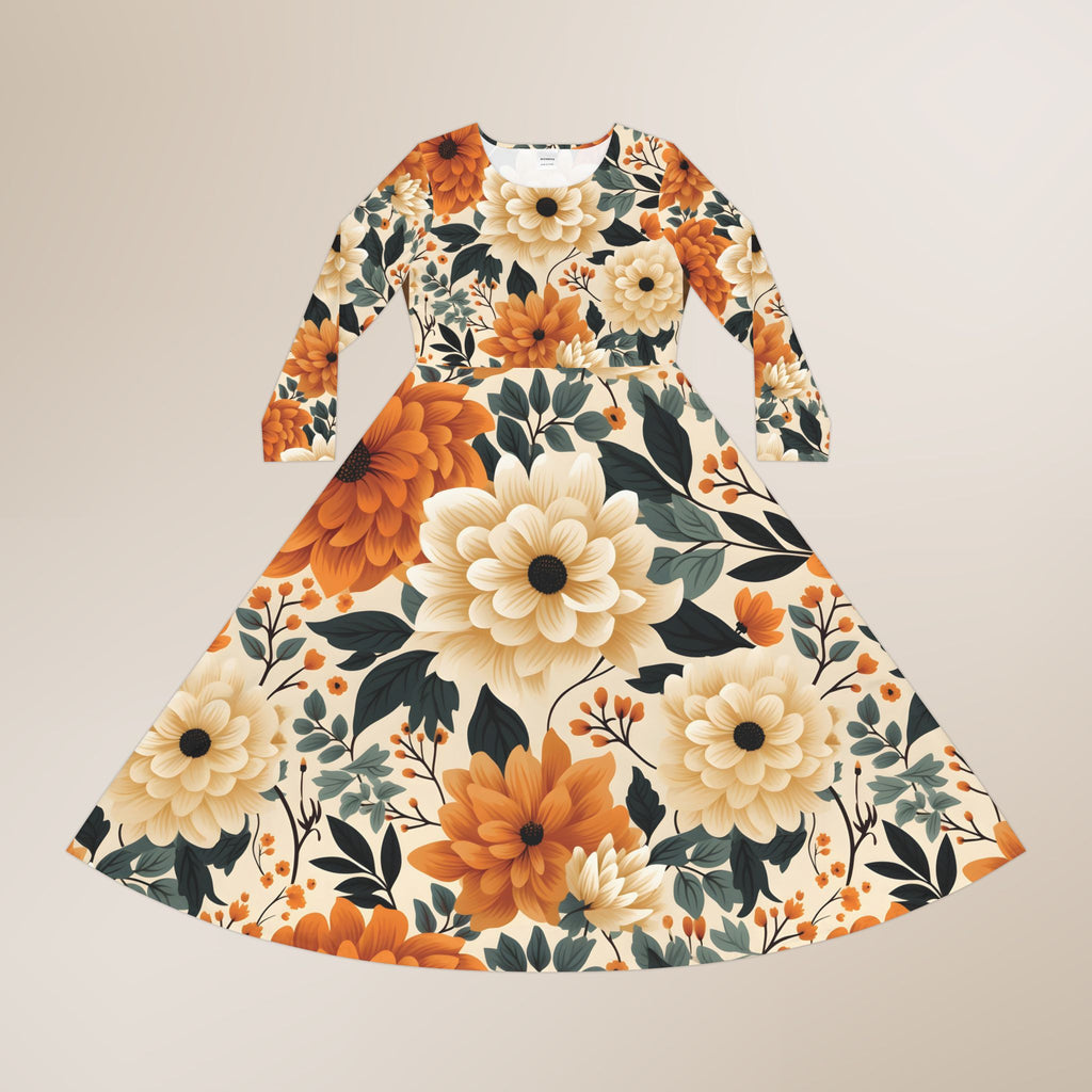 Floral dress with orange and beige flowers on a beige background