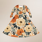 Floral dress with orange and beige flowers on a beige background