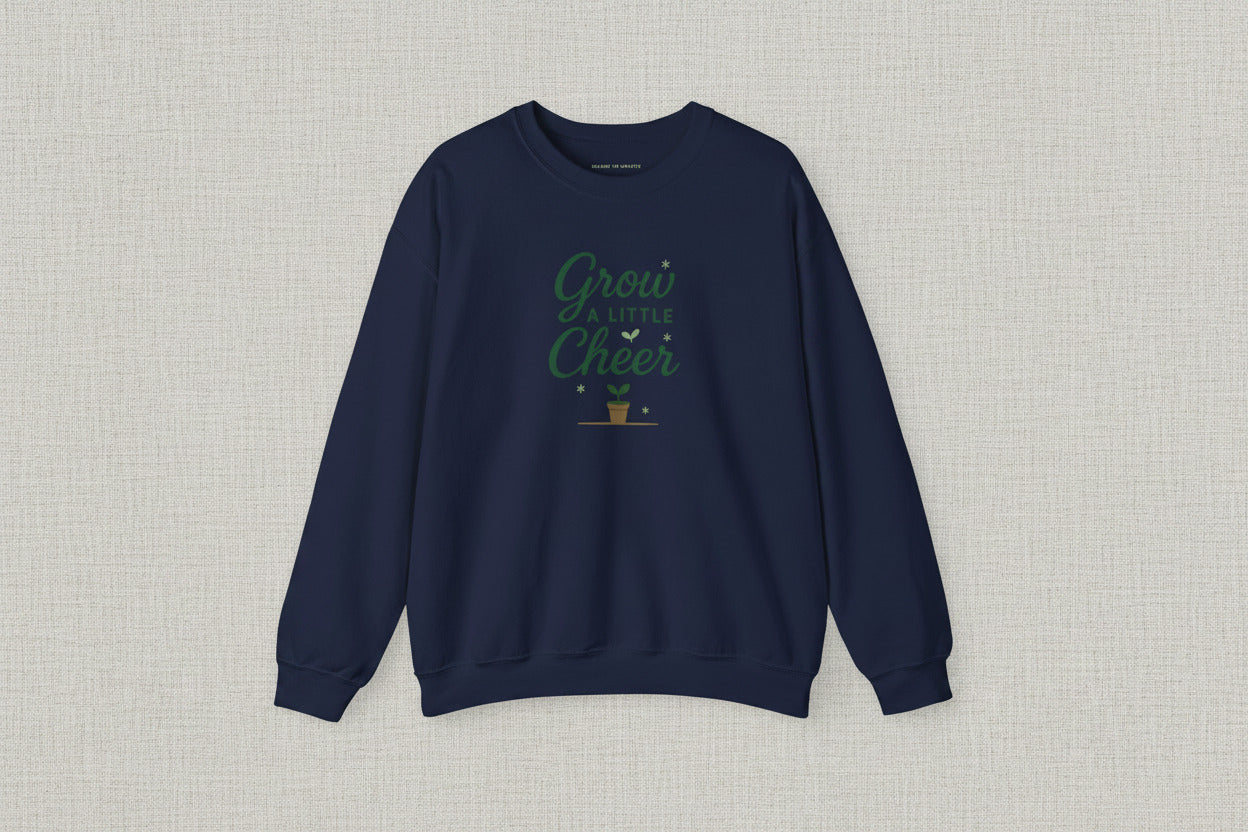 Navy blue sweatshirt with a small red circle and black design on a white background