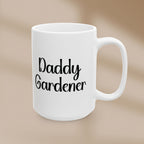 White mug with 'Daddy Gardener' text on a beige background