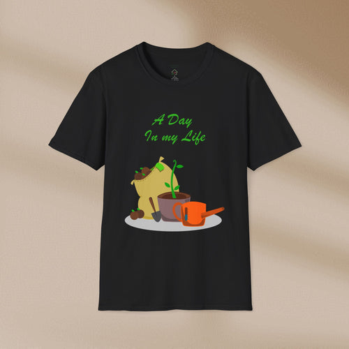 Black gardener graphic T-shirt with green script text and potted plant