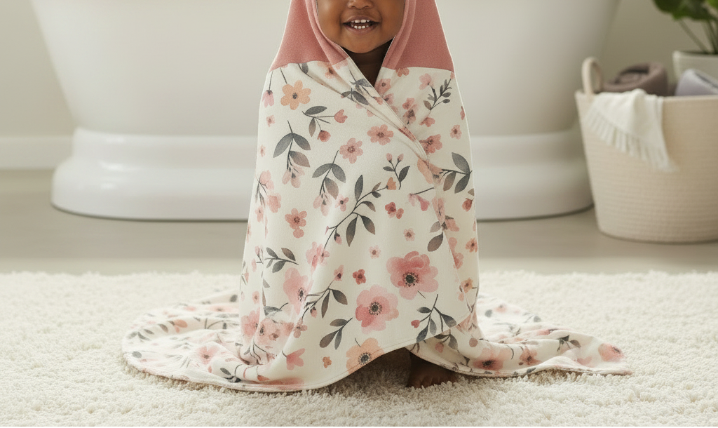 Child wrapped in a floral blanket on a light-colored floor.