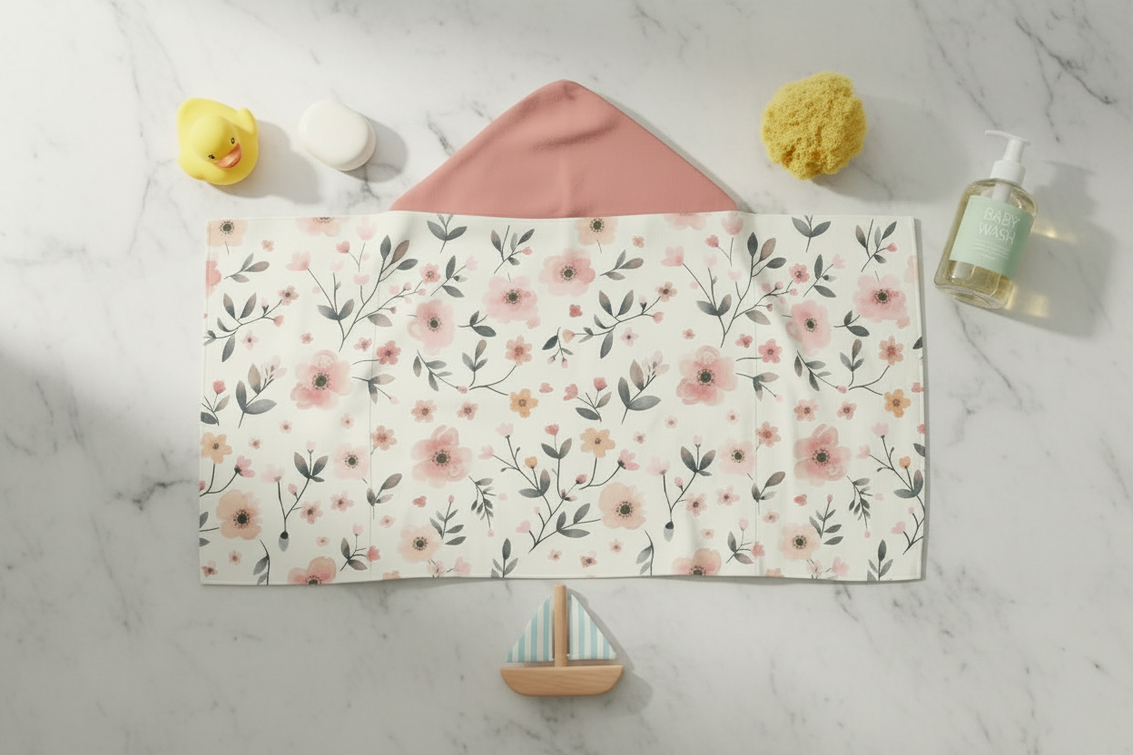Floral-patterned towel on a marble surface with decorative items.