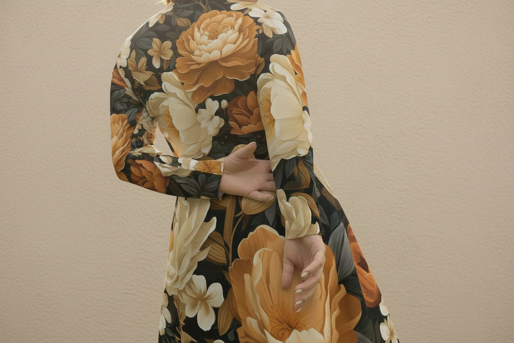 Close-up of a person wearing a floral-patterned garment with orange, white, and black colors.