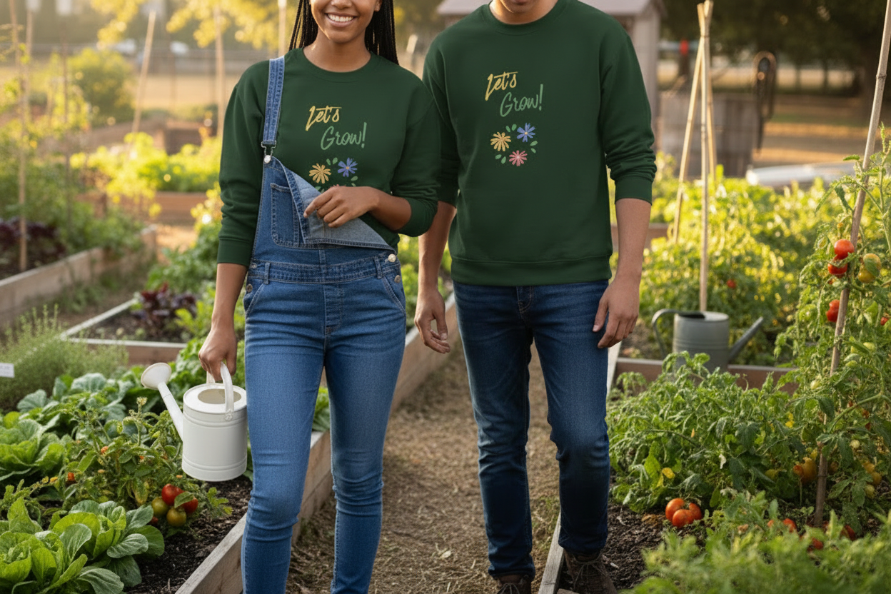 Two people in a garden wearing matching green sweatshirts with 'Let's Grow!' text.