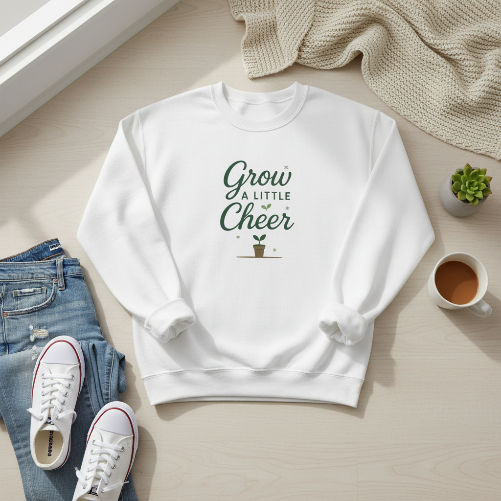 White sweatshirt with 'Grow a Little Cheer' text, jeans, sneakers, and coffee on a light wooden surface.