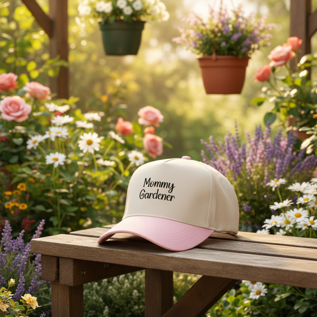 Cap with 'Mommy Gardener' text on a wooden bench in a garden setting
